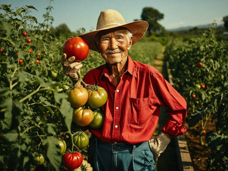 Giardiniere anziano con cappello di paglia cura i pomodori in un orto soleggiato.