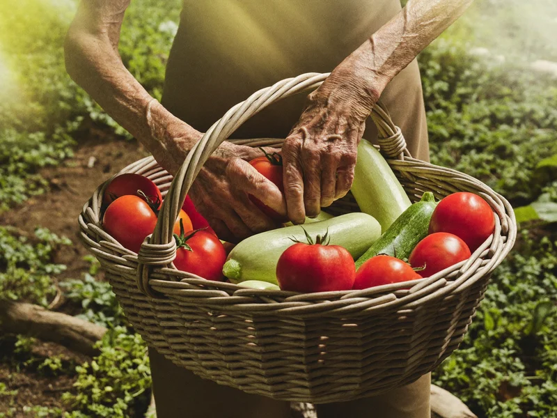 Mani anziane raccolgono pomodori e zucchine in un cesto di vimini.