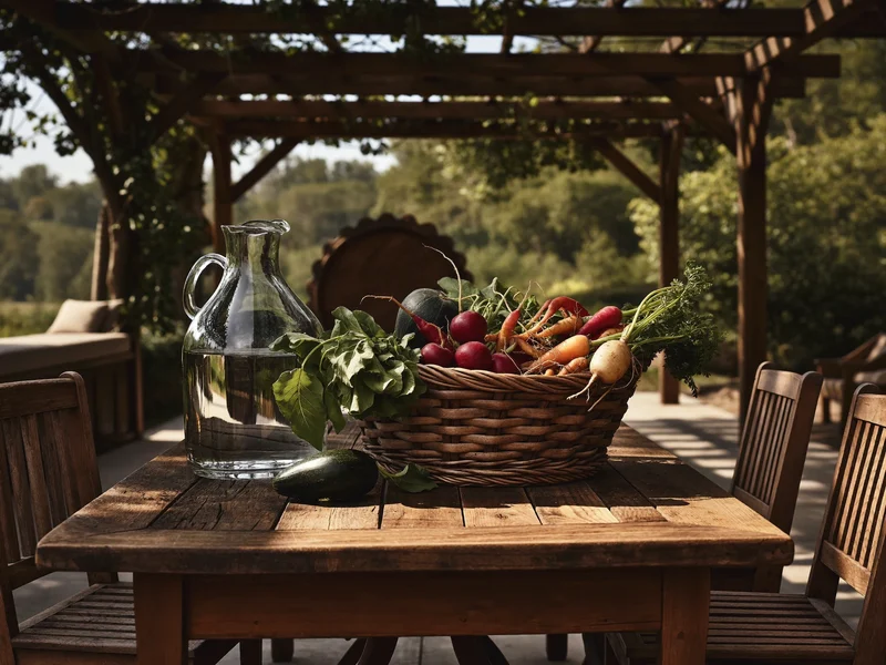 Tavolo sotto il pergolato con cesto di verdure raccolte e due sedie vuote.